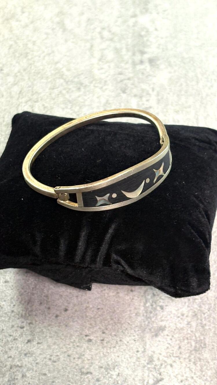 Vintage Mexican Bangle Mother of Pearl Moon Stars Signed Hecho en Mexico Cuff
